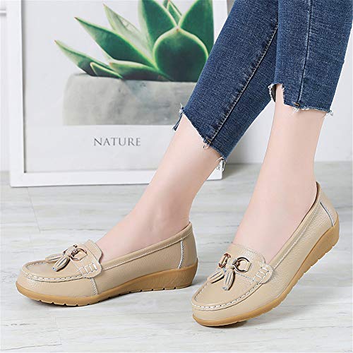 Image of Women Loafers Leather Rubber Sole Slip On Walking Flats Casual Moccasin Boat Shoes