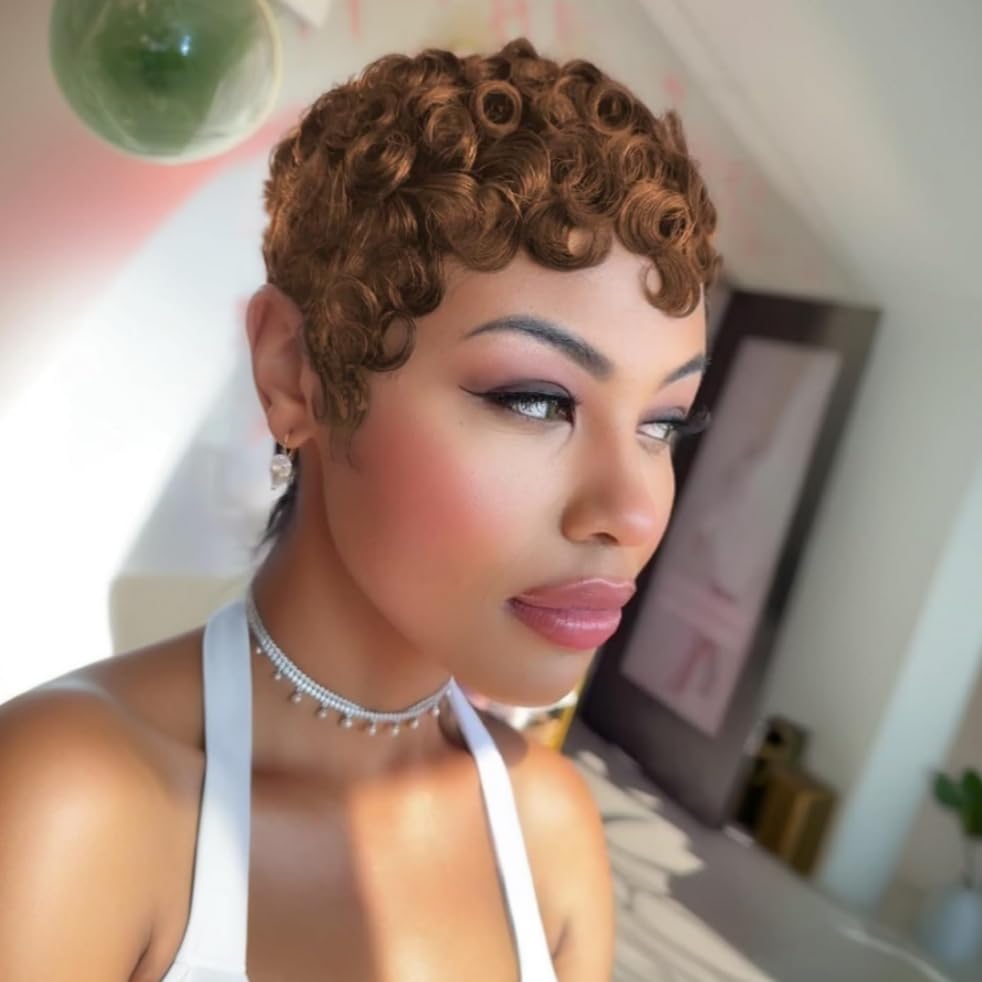 Miniatura 7 de Peluca corta y rizada con corte Pixie, pelucas de cabello humano corto marrón dorado para mujeres negras, cabello humano marrón claro, pelucas