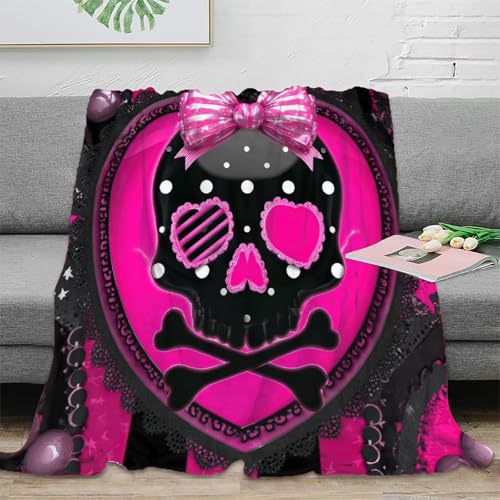 3D gedruckt Pink Skull Reisedecke Mikrofaser weich warm Bettwäsche Gothic Sweet Decke maschinenwaschbar für Reisende Gamer Jugendliche 40x50inch(100x130cm)