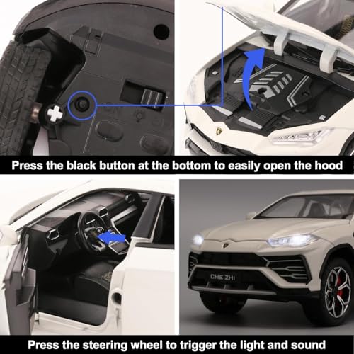 Image of 1:24 Lamborghini Urus Car Model, Diecast Pull Back Car Toy car, Doors Open, Light and Sound, Boys Toys Kids Adults Gifts (White)
