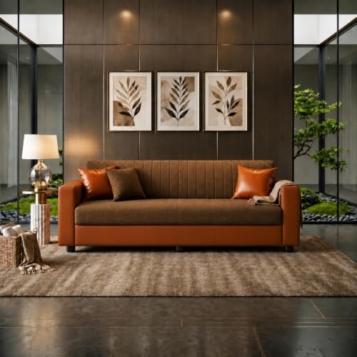 Image of Double Tone 3 Seater Sofa Couch, Upholstered Fabric & Faux Leather Sofa with Channeled Backrest, Living Room with Solid Wood Frame & Pillows, 189 cm (74 inch) Brown and Tan