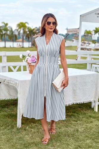 Image of GRACE KARIN Womens Summer Casual Dress, Business Office Work Dresses, Cap Sleeve Zipper Front Flowy Midi Dress with Pockets