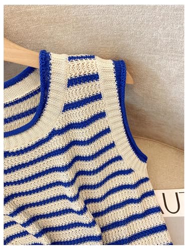 GORGLITTER Women's Crochet Striped Tank Tops Sleeveless Round Neck Trendy Cute Summer Lightweight Sweater Vest Top4
