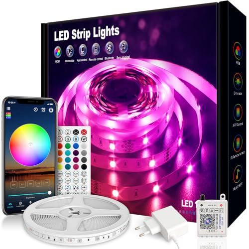 VKH Ruban LED 15m, Bande LED RGB Multicolore avec Télécommande et Application, 16 Millions de Couleurs, Décoration Lumineuse pour Chambre, Noël, Fête, Anniversaire et Mariage.(1 * 15m)