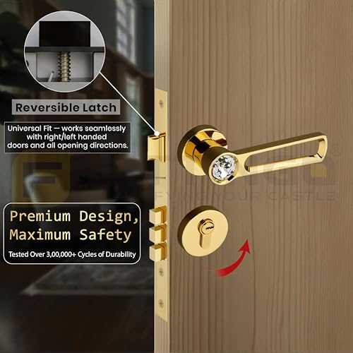 Image of Nice Mortise Door Handle Lock Set /Premium Zinc Alloy Door Handle with Locks /Heavy-Duty Main Door Handle with Lock for Home, Office & Hotel Doors - 3 Years Warranty (PVD Gold)