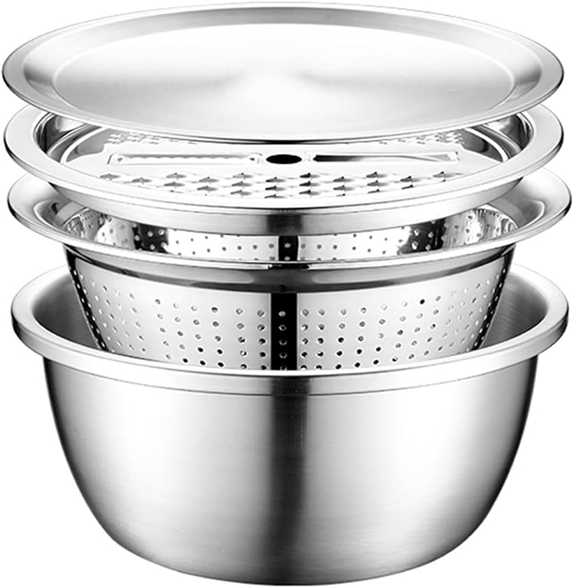 JSEIAJB 4 PCS Set 304 Stainless Steel Bowl with Lid Kitchen Cooking Salad Mixing Bowls Set Washing Drain Basket Soup Basin Strainer