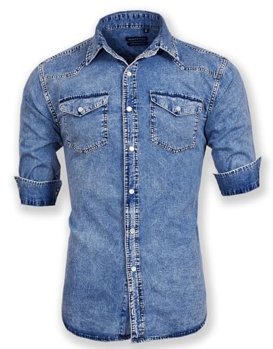Men's Long Sleeve Double Pocket Snap Denim Shirt2