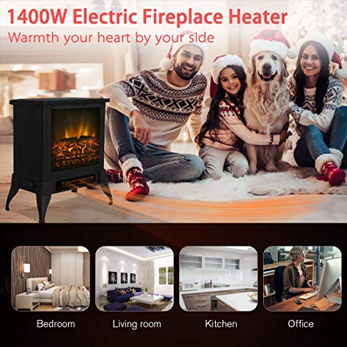Festival Depot Freestanding Electric Fireplace 1400W Realistic Log Flame Stove Portable Space Heater FireBox Thermostat Control Office Home Living Room Apartment Use Steel Overheat Protect (14“)