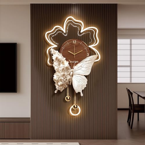HDZNDH Reloj De Pared Decorativo 3D con Mariposa Y Luz LED, Reloj Colgante Romántico Moderno, Movimiento De Cuarzo Silencioso, A Pilas con Iluminación Ambiental, para Salón Dormitorio Oficina