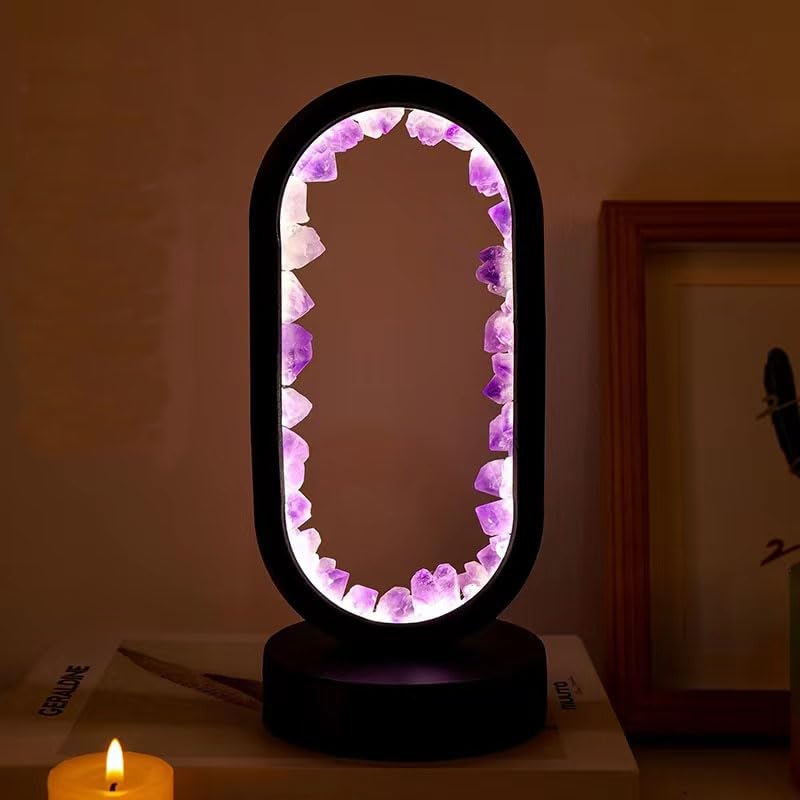 Bprtcra Amethyst Night Light, Natural Crystal Lamp, Healing Crystal Table Lamp, Three Light Modes, Adjustable Brightness, USB Port Power Supply, Premium Gift (Black Oval Amethyst)