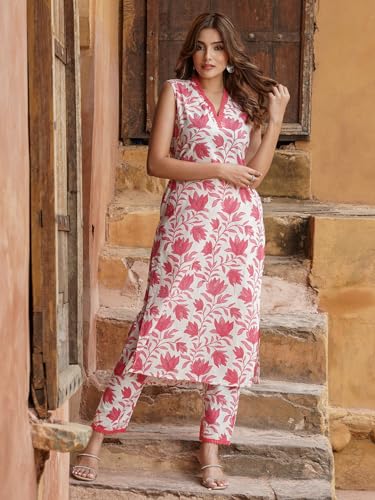 Image of PARTHVI Women's Cotton Printed Straight Kurta and Pant Set