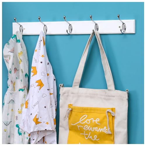 Image of ARTAWEIN Wall Mounted Coat Rack with 5 Heavy Duty Satin Nickel Hooks, Solid White Bamboo Board, 56cm Large Clothes Rail Hanger for Coats, Towels, Jackets & Robes - Includes All Fixing Hardware