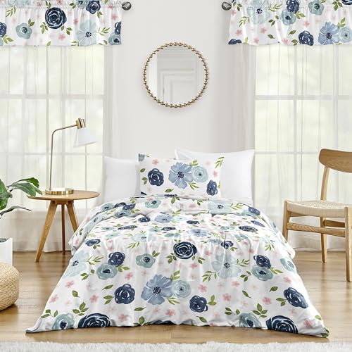 Image of Sweet Jojo Designs 2-Piece Twin Comforter Set (Blue /Pink Boho Floral) for Girls, Kids, Teen, College Bed Room incl. Single Size Bedding & Sham (Watercolor, Flower, Elegant Rose, Farmhouse, Blush Navy)