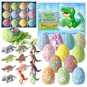 Bath Bombs with Surprise Dinosaur Toys Inside, 12 Pack Organic and Natural Bubble Bath Bombs, Stocking Stuffers for Kids, Bath Bomb Set for Her/Him,Mothers Day Presents for Mom