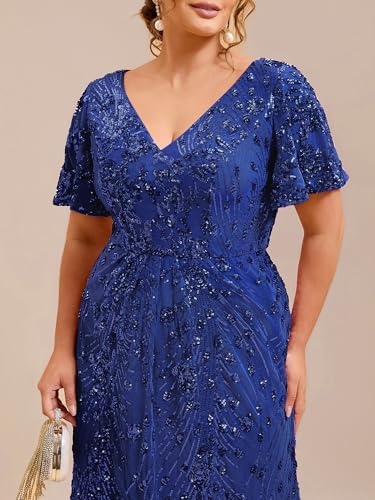 Image of Ever-Pretty Plus Women's Sequin V Neck Plus Size Prom Dress Mermaid Formal Cocktail Evening Dresses for Curvy Women