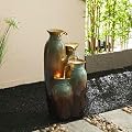 Glitzhome 30.75" H Vase Ceramic Outdoor Water Fountain with LED Lights and Pump, 4-Tier Olive Green and Brown Reactive Glaze Cascading Pots Standing Fountain for Porch Deck Garden Patio Backyard