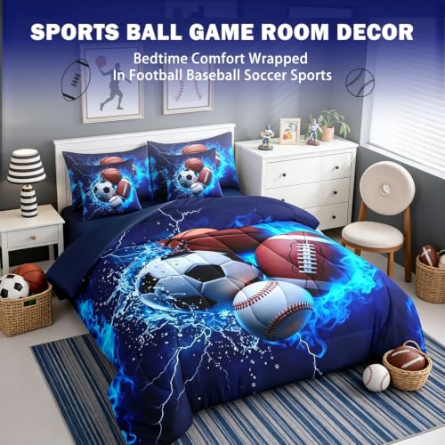 Image of Feelyou Boys Sports Comforter Set King Size 7 Pieces Football Baseball Soccer Bedding Set for Kids Boys Basketball Bed in a Bag with Comforter,Sheet,Pillow Cover Ball Game Sports Room Decor Quilted