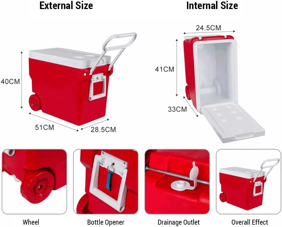 32L Rolling Cooler Ice Chest Camping Outdoor Picnic Portable Heat Insulation Box