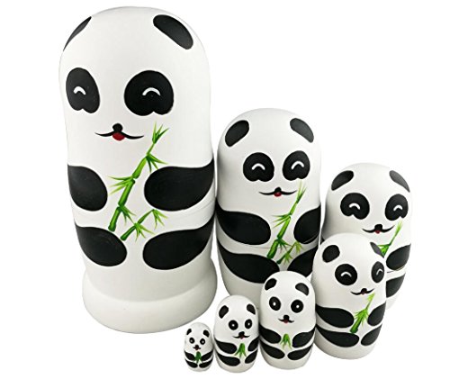 Winterworm 7pcs Handmade Cute Lovely Panda Bear Family and Bamboo Nesting Doll Matryoshka Russian Doll Popular Kids Christmas Birthday Gifts Toy