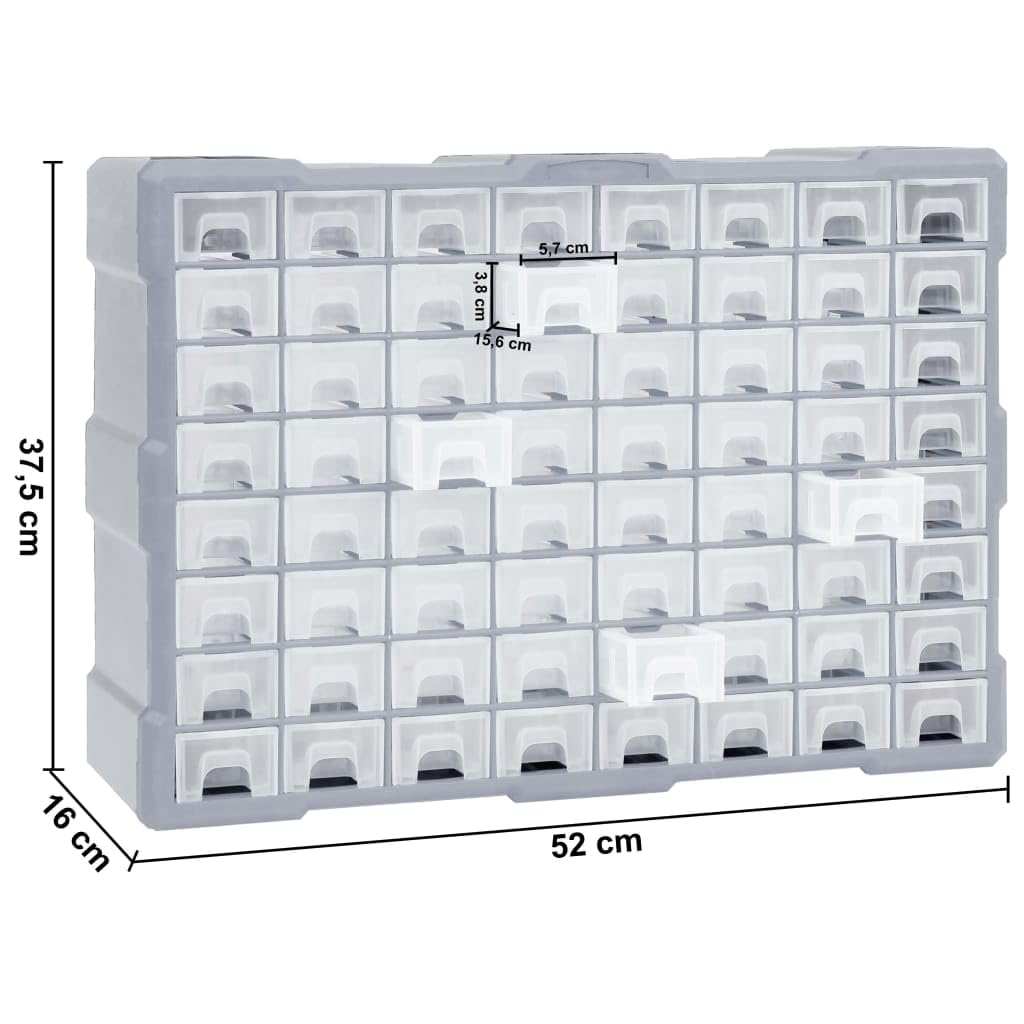 Organizador de múltiples cajones con 64 cajones, plástico PP resistente, 52 x 16 x 37,5 cm, caja organizadora para tornillos, piezas pequeñas y herramientas de mano, ideal para taller, garaje