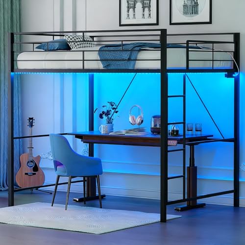Image of VINGLI Loft Bed Twin Size with 15 Inches Safety Guardrail, Flat Rungs, LED Lights and Charging Station, Heavy Duty Metal Single High Sleeper for Small Space Saving, Kids room and Dorm Apartment, Black