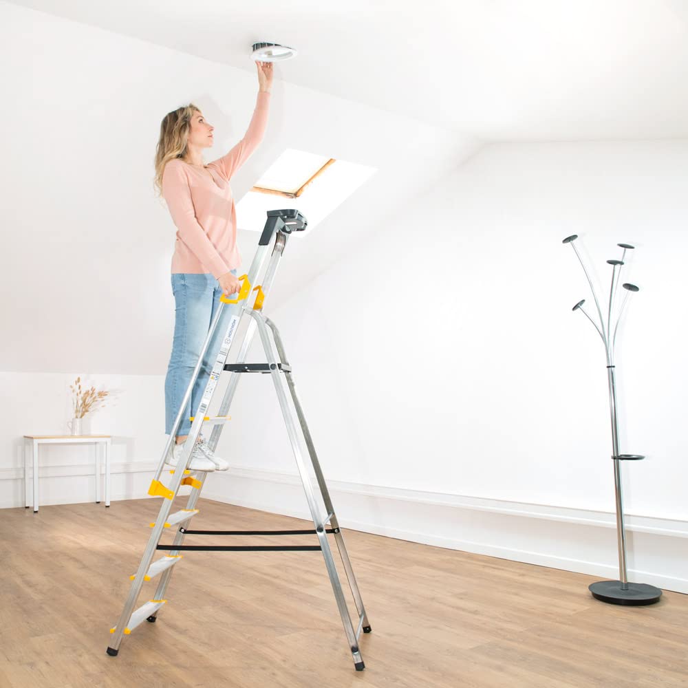 HOSTRÖM Escabeau 6 marches DURAMP sécurisé avec rampes, Tablette Porte-Outils, marchepied Pliable Aluminium, Hauteur Plateforme 119cm, Garantie 5 Ans