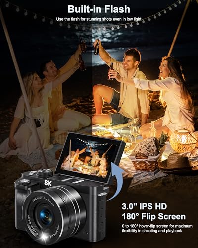 Image of 8K Digital Camera, 88MP Cameras for Photography, Vlogging Camera for YouTube with 3 inch 180 Flip Screen, 18X Zoom UHD Autofocus Video Camara with Lens Hood, 64GB Card