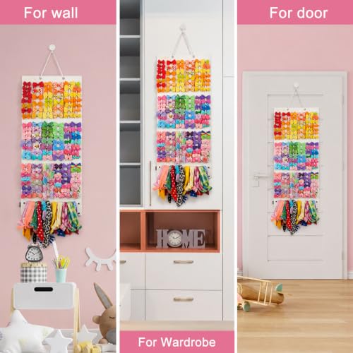 Image of HASTHIP Hair Accessories Organizer for Girls Bow Hair Clip Storage Hairband Organizer 3-Layer Large Capacity Wall Hanging Bows Holder Displaying Rack for Baby Girl Kids Women-White