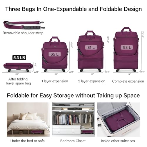 Hanke Suitcases with Wheels Expandable Foldable Luggage Bag Suitcase Collapsible Rolling Travel Bag Duffel Bag for Men Women Lightweight Suitcases without Telescoping Handle, Purple2