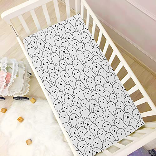 Image of Halloween White Ghost Crib Sheets Soft Breathable Fitted Baby Playard Sheets Mattress Cover for Girl Boys, 39 inch x 27 inch x 5 inch