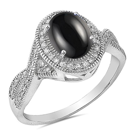 925 Sterling Silver Cabochon Natural Genuine Black Onyx Vintage Oval Ring Size 5