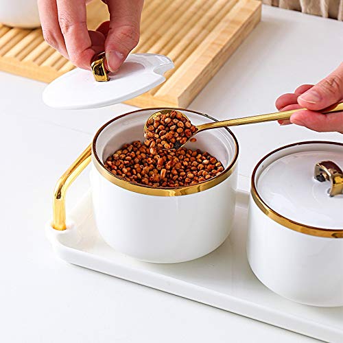 TBLOTYD Condiment Jar Ceramic Sugar Bowl Salt and MSG Bowl Seasoning Pot Seasoning Box Household Three-piece Set Jars
