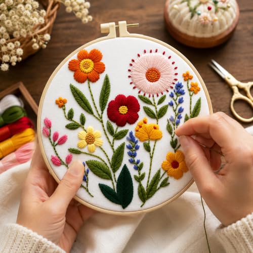 Image of Zhenqing Wildflower Embroidery Kit for Beginners, Floral Needlework Kit with Pre-Printed Cotton Fabric, Hoop, Threads & Tools, Flower Wall Decor (C0125)