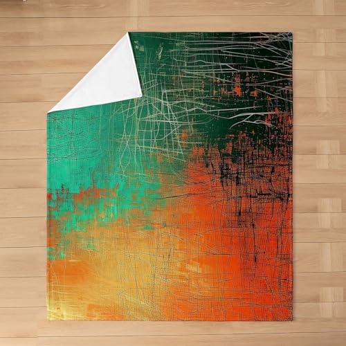 Image of Grunge Abstract Art Bed Throw Blanket Kids Teal and Orange Messy Rust Painting Fleece Throw Blanket Modern Vintage Retro Fuzzy Blanket Breathable Flannel Plush Blanket Room Decor Throw 50 inchx60 inch