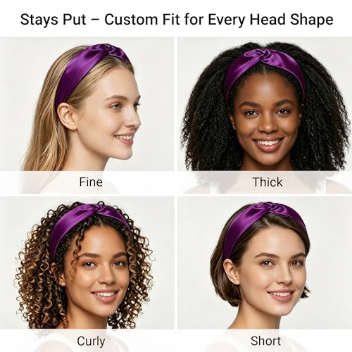 Image of ZLYC Mulberry Silk Headband for Women's Hair, Solid Light Red Purple | smooth luxury real silk, stretch elastic no slip fit, makeup spa skincare use, travel daily wear,boho fashion hair accessory