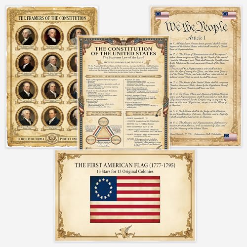 JELLY BEAN GENIUS Constitution Poster Set (4 Pack) - Framers, Summary, Flag, Article I - Laminated 11x17 - US History Classroom Bundle - Educational Wall Art