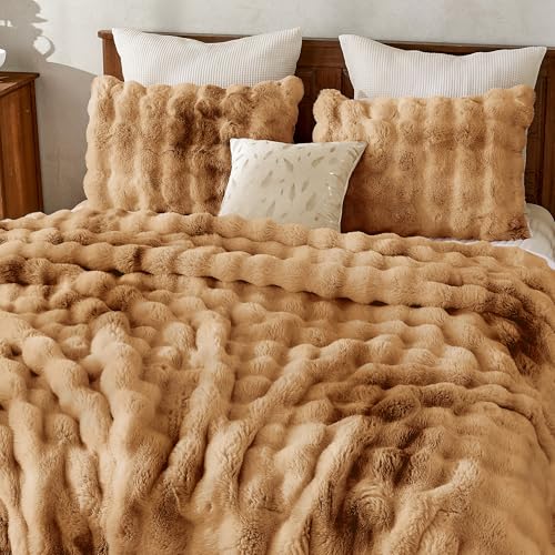 Image of Wonderful - 3 Pieces Faux Rabbit Fur Comforter Set King Size, Caramel Tie Dye Plush Bedding Set, 3D Sculpted Bubble Warm Fluffy Comforter for Winter
