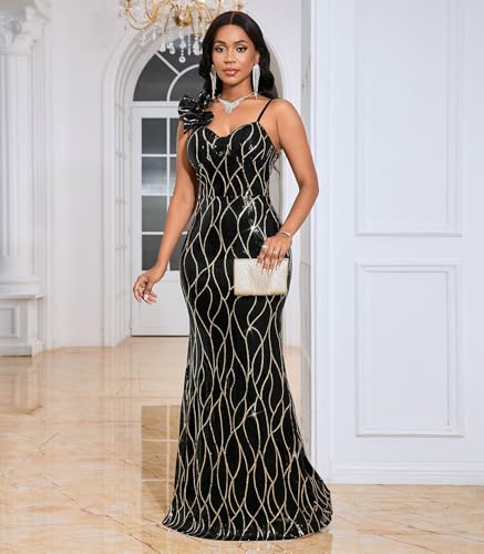 Image of Cololura Women Sexy Elegant Sequin High Split Ruffled Hem Mermaid Party Cocktail Bodycon Formal Evening Gowns Maxi Dress