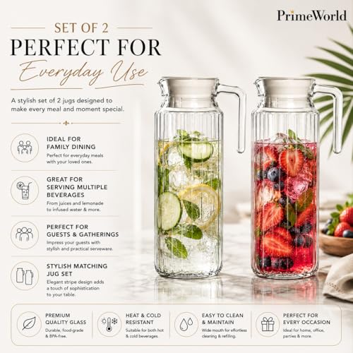 Image of PrimeWorld 2 Pcs Stripe Glass Jug with Lid, 1.1Liters Each, Multipurpose Jug, Transparent Beverage Carafe for Home, Office, Pitcher for Serve Water, Milk, Juice, Beverage, Lassi, Cocktail