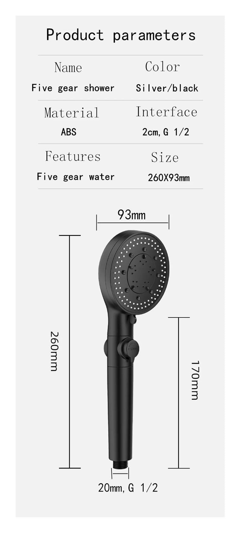 Soffione doccia ad alta pressione 5 funzioni con pulsante di commutazione spruzzo risparmio idrico doccia regolabile(Black shower)