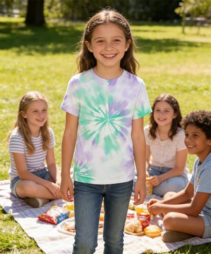Image of SunFoucs Girls Kids Shirts Size 5-12 Tie Dye Casual Tshirt Short Sleeve Crewneck Tee Top | Short Sleeve Rainbow Tee Top