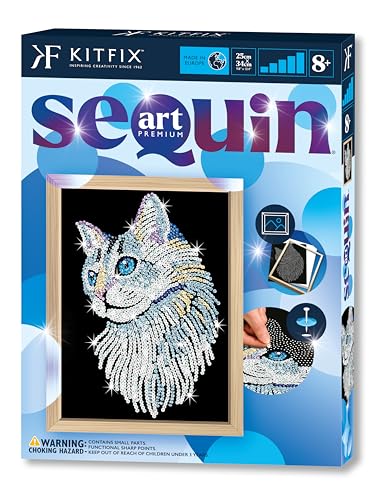Kitfix - Sequin Art Chat blanc avec cadre en bois - 27 x 36 cm - Sequin Art Blue Premium - Image à paillettes - Kit de création pour adolescents, adultes et enfants de...