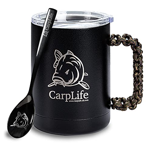 CarpLife Thermal Fishing Mug With Etched Spoon - Stainless Steel With Lid (Camo Handle)