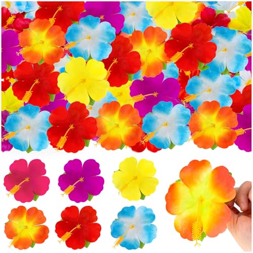 KVCSYAW 120 Pcs Artificial Hibiscus Flowers, 6 Colors Tropical Hawaiian Fake Luau Fake Hibiscus Flowers Decoration for DIY Crafts, Summer Party Favors Supplies, Cake Tables Centerpieces