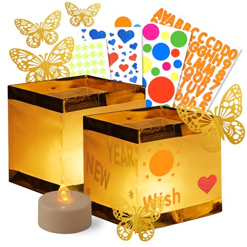 12PCS Gold+White LED Outdoor Floating Candle Lantern Kit - DIY Tangled Paper Lantern Pattern Waterproof Wishing Lanterns for Garden Patio Hallowee & Christmas Wedding Pool Decoratio
