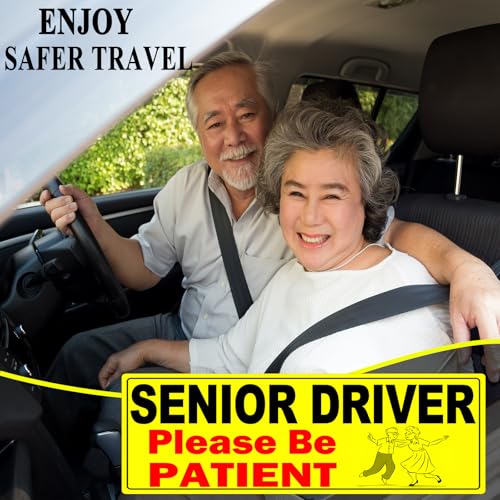 Image of 2 Pack Senior Driver Car Magnet Sign, Elderly Driver Magnet for Car, Please Be Patient Caution Sign to Old Grandma and Grandpa, Gag Prank Funny Gifts for Women, Men(Black - 2 Pack)