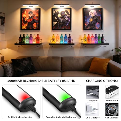 Image of Wireless Picture Light for Wall, Battery Painting Lighting with Metal Material, Remote Control,3 Lighitng Colors,300LM Brightness Dimmable, Timer Auto-off, Adjustable Light head for Portrait Gallery