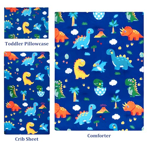 Image of Cloele Crib Bedding Set for Boys Girls- 3 Piece Dinosaur Baby Bedding Set Soft Comforter Bed Set Includes Toddler Pillowcase Crib Sheet Baby Quilt - Nursery Bedding Set for Boys-Colorful Dinosaur
