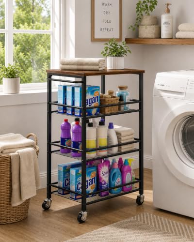 Pipishell Laundry Storage Cart with Wheels, Handle & Wood Top, Metal 4 Tier - image 2