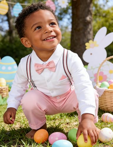 Image of A&J DESIGN Baby Boys Suits Infant Gentleman Formal Wedding Suspenders Outfit with Bowtie